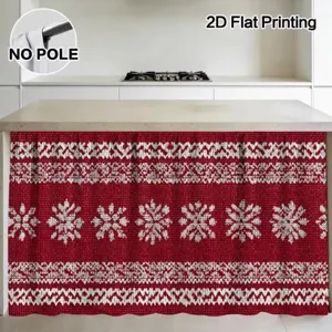 Christmas table skirt and cabinet curtain featuring classic red white snowflake knit pattern.
