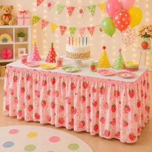 Ländlicher Erdbeer-Druck Tischrock für Party Geburtstag Tischdeko Polyester Stoff.