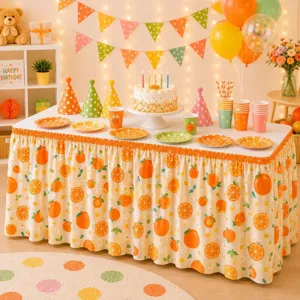 Detailansicht des orangefarbenen Party-Tischrocks, Polyester Heimdekostaubtuch.