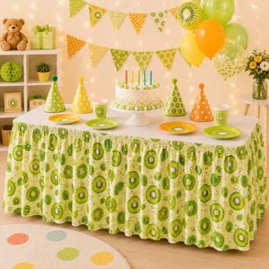 Kiwi Muster Tischrock Polyester Tischdecke Party Heimdekoration staubdicht Detailansicht