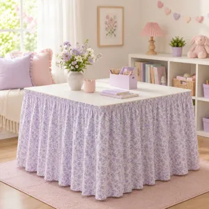Ländlicher Blümchen-Tischrock im Detail, eleganter lila Polyester-Staubschutz für Schrankdekor.