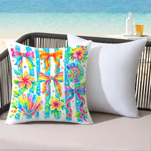 Vibrant summer tropical throw pillow with colorful bows and seashell patterns for beach decor.