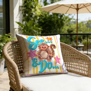 Retro cartoon graffiti striped throw pillow cover with cute monkey design for outdoor yard.