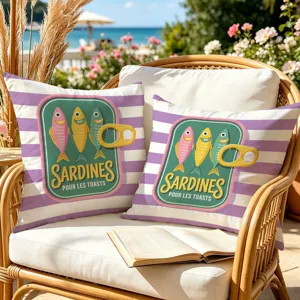 Vintage Sardine Print Throw Pillow Cover Coastal Vacation Beach Sofa Cushion Home Decor