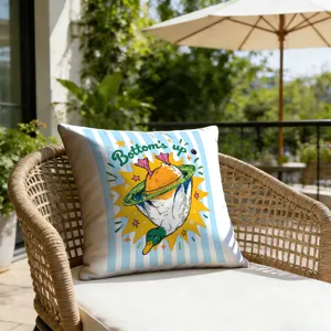 Retro cartoon duck patterned cushion cover, funny vacation style outdoor pillowcase detail view.