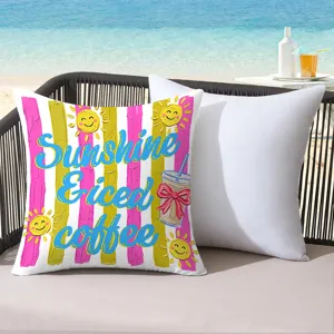 Detail view of a summer vacation style throw pillow featuring sunny beach prints and vibrant colors.