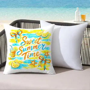 Colorful summer tropical island themed throw pillow with starfish and lemon prints for resort decor.