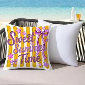 Summer beach throw pillow detail showing colorful stripes and glitter text for decor.