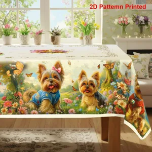 Detailed view of the cute Yorkshire terrier floral tablecloth with vibrant spring flowers.