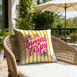Summer vacation striped pillow cover with tropical flower print for outdoor patio decor.