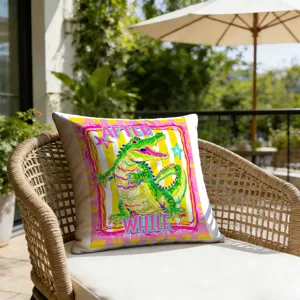 Vibrant cartoon alligator throw pillow with retro graffiti stripe design for patio.