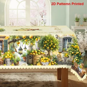 Nappe de table estivale à motif de citron et bordure festonnée pour décoration cuisine.