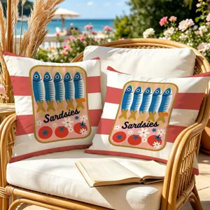 American vintage style sardine tin print throw pillow cover coastal vacation sofa cushion