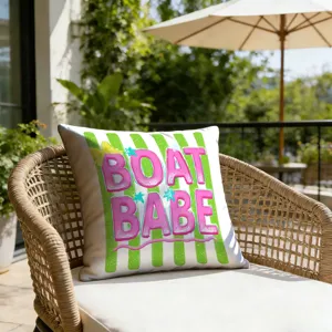 Summer beach boat babe throw pillow cover, green stripe decorative cushion for patio pool.