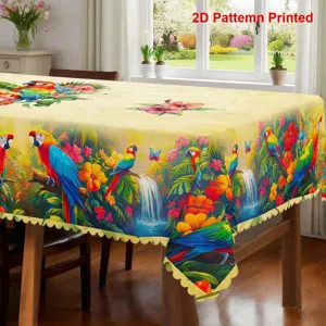 Gros plan de la nappe perroquet tropical montrant des fleurs de jungle vibrantes et un motif cascade.