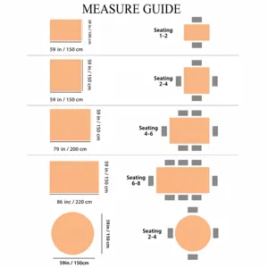 Guida alle taglie per tovaglie con dimensioni di tavoli rettangolari, rotondi e posti a sedere.