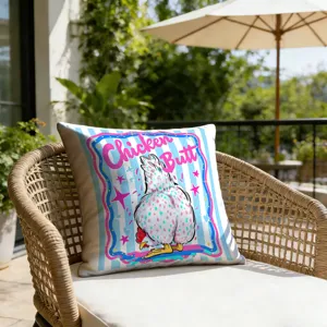Retro cartoon chicken throw pillowcase, blue white stripes graffiti design, fun patio pool decor.