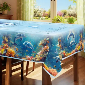 Waterproof rectangular tablecloth with vibrant underwater dolphin and coral reef print.