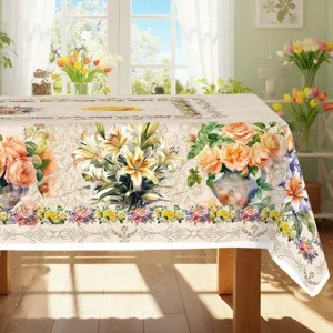 Spring summer floral tablecloth detail, elegant rose lily print design for home dining room decor.