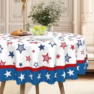 Round tablecloth featuring red white and blue stars for Independence Day celebration decor.