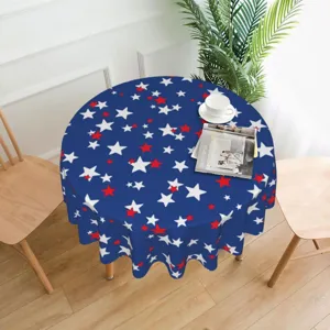 Round tablecloth with red and white stars on blue background, perfect table decor for holiday.