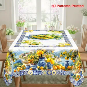 Nappe d'ete citron bord ondule, belle housse de table rectangulaire anti-poussiere style.