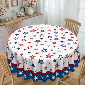 Detailed shot of the patriotic star round tablecloth in a cozy dining room setting with chairs.