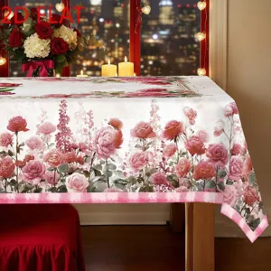 Pink rose floral tablecloth for dining table, elegant fabric table cover for home decor.