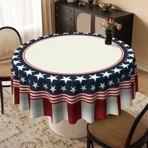 Detail view of round American patriotic tablecloth with star and stripe design for party decor.