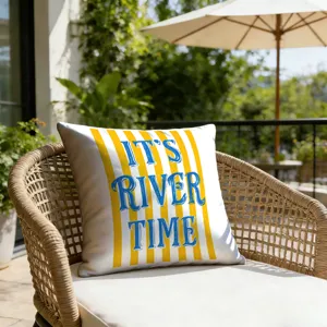 Outdoor decorative throw pillow cover with yellow vertical stripes and river theme text for patio.