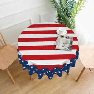 Round American flag tablecloth detail scene, perfect for Independence Day home decor and party tables.