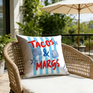 Detailed view of beach style throw pillow cover with blue stripes, shells, and fun summer text.