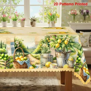 Nappe de Table Été Citron Imperméable Anti-taches avec Bordure Ondulée pour Cuisine