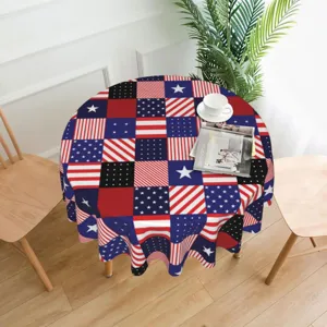Round patriotic tablecloth with American flag stars and stripes design for dining room decor.