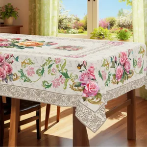 Detailed view of vintage floral rectangular tablecloth with elegant rose pattern for home dining decor.