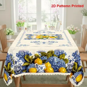 Nappe imprimée de citrons style porcelaine bleu et blanc pour table à manger anti-poussière.