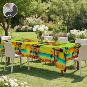 Nappe de table d'ete tropicale avec motifs de perroquets colores et bords vagues pour fetes de jardin.