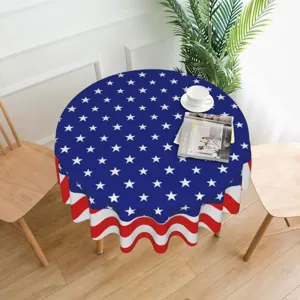 Round patriotic tablecloth featuring American flag design with white stars and red white stripes for home.