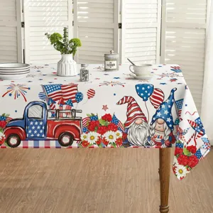 Independence Day rectangular tablecloth with patriotic truck and gnome prints for festive home decor.