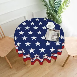 Round patriotic American flag tablecloth with white stars and red white blue border for home dining decor.