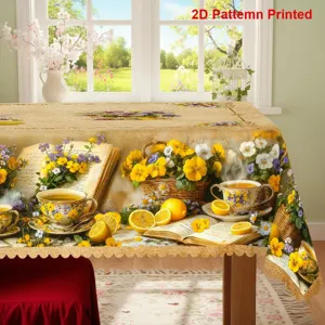 Nappe de table imprimee avec motif citron d'ete et bordure ondulee pour la salle a manger.