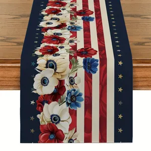 Runner da tavola patriottico con stelle rosse bianche blu e fiori per decorazione cucina.