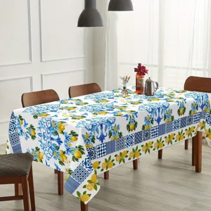 Mediterranean style blue white tile lemon pattern fabric tablecloth for dining table decor