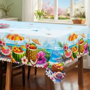 Nappe de table tropicale d'été avec imprimé de fruits, bord festonné pour décoration de cuisine.