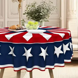 Detailed view of patriotic round tablecloth with red white blue stars and stripes design.