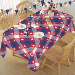 American Independence Day patriotic tablecloth with red white blue plaid and stars design.
