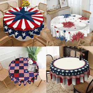 Patriotic Independence Day Round Tablecloth Velvet Flannel Star Striped Pattern Dustproof Dinner Table Cover Home Decoration