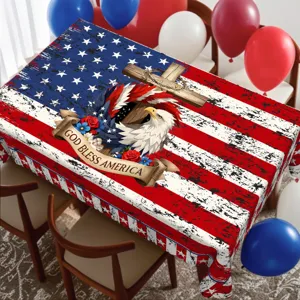 American flag tablecloth with eagle cross pattern for Independence Day party decor.