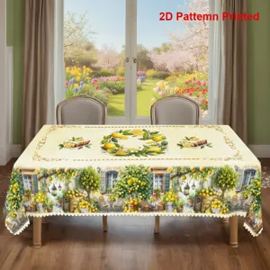 Nappe de table citron d'ete avec bordures festonnees et motif de jardin pour salle a manger.