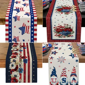 Runner da Tavola Patriottico Memorial Day Giorno dell'Indipendenza Lino Bandiera Americana Stelle Strisce Gnomo Decorazione Tavolo Cucina